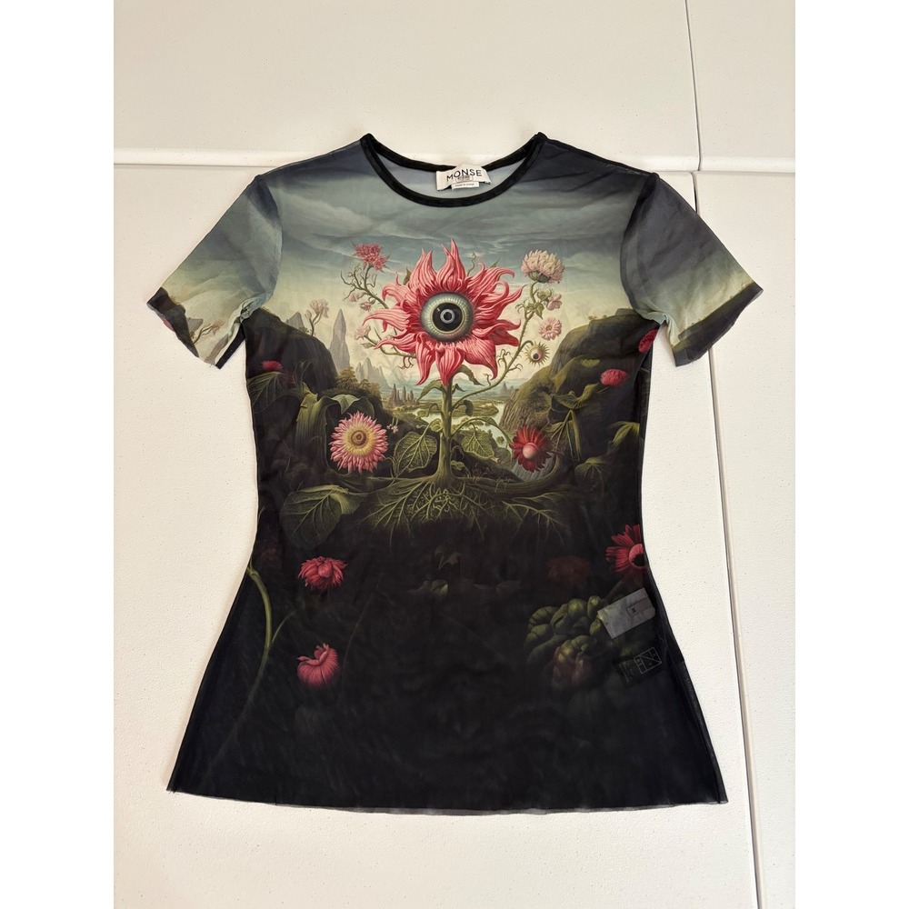 Monse Surrealist Eyeball Flower Mesh Top Sheer Graphic Tee Black Multi Size M e5